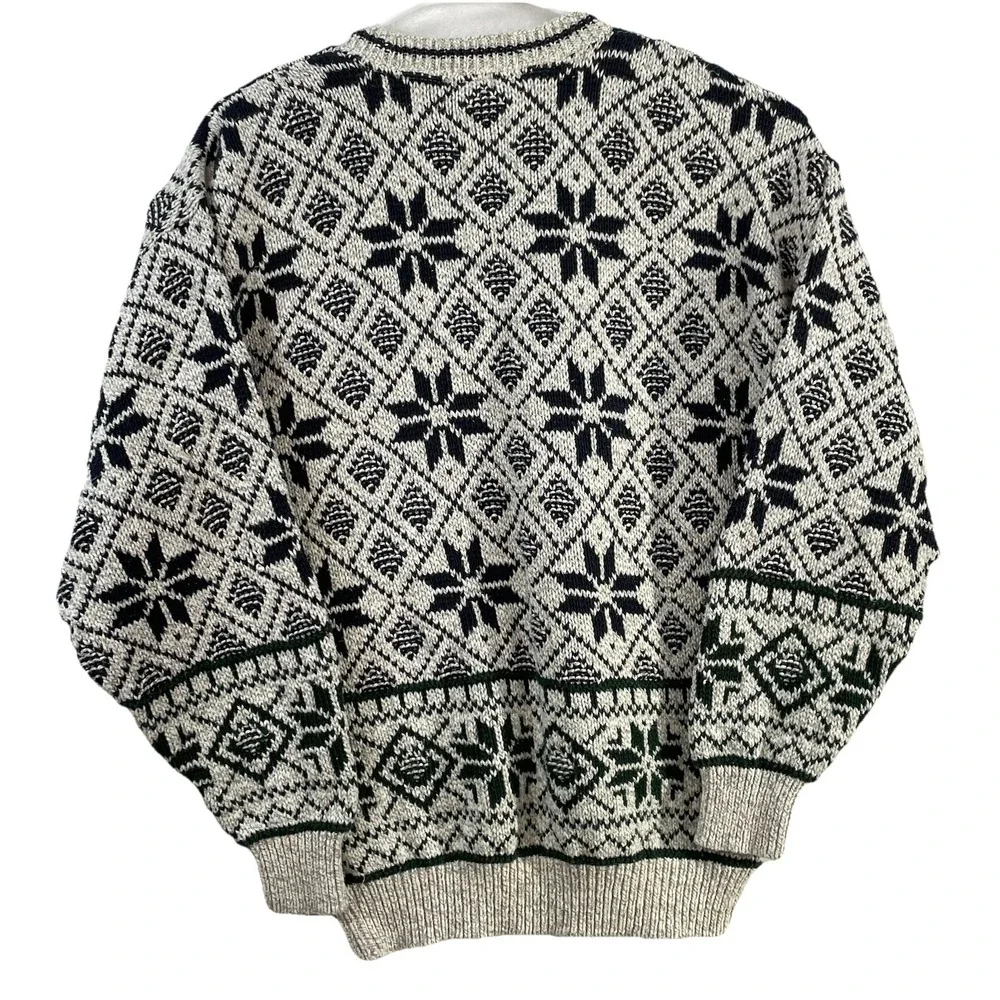 Vintage Robert Stock Sweater Mens L Grandpa White Blue Accents Pullover Made USA